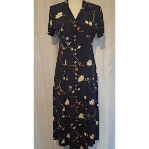Vtg. 80s Navy Floral Midi Dress Womens Cottagecore Button down empire waist Sz 4